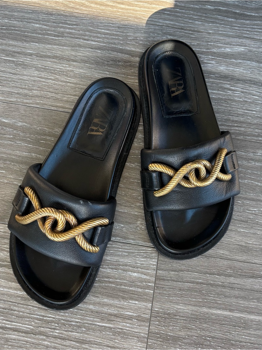 Zara Leather Black Slides with Gold Rope Knot Detail